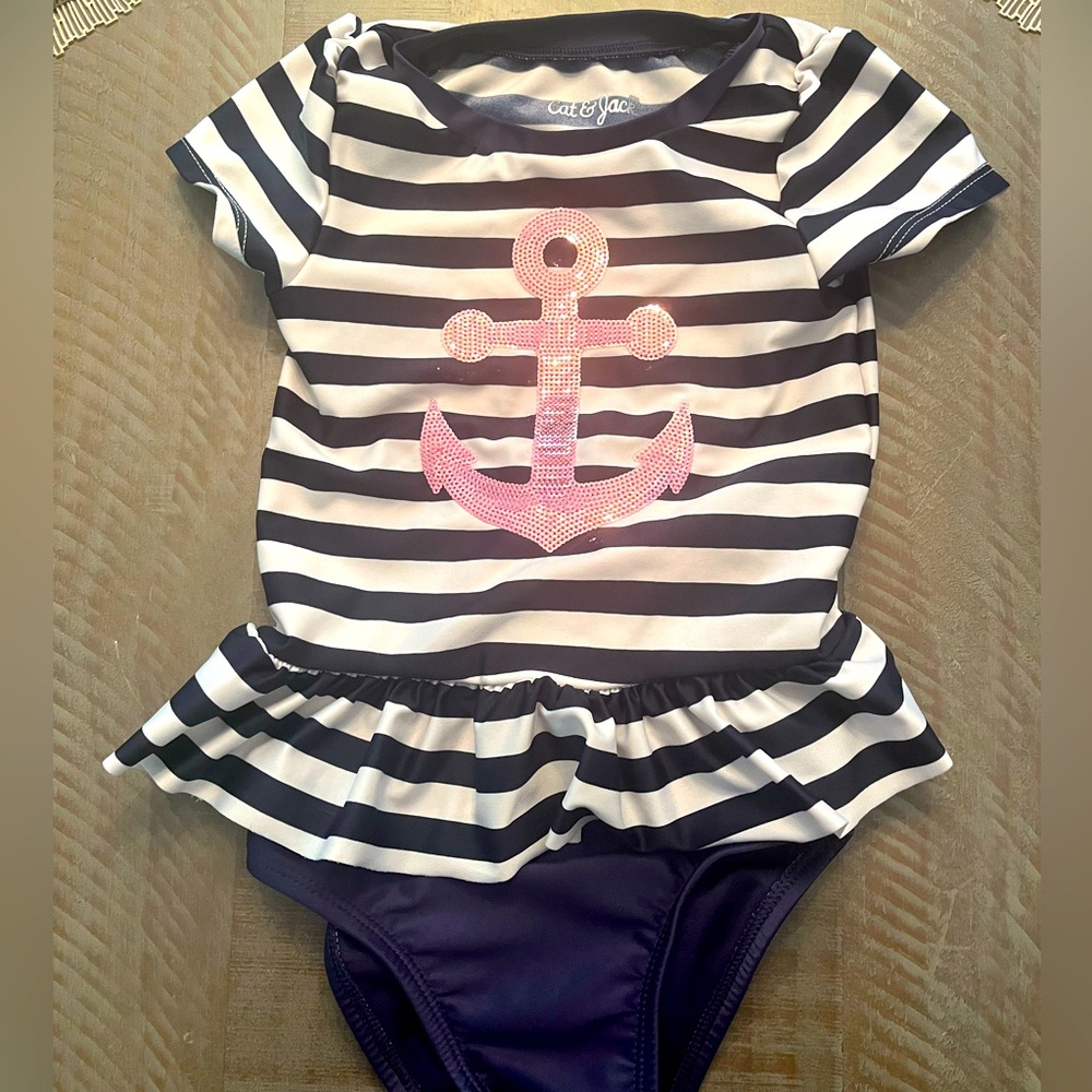 Cat & Jack Size 2T Navy Striped Pink Anchor Swimsuit